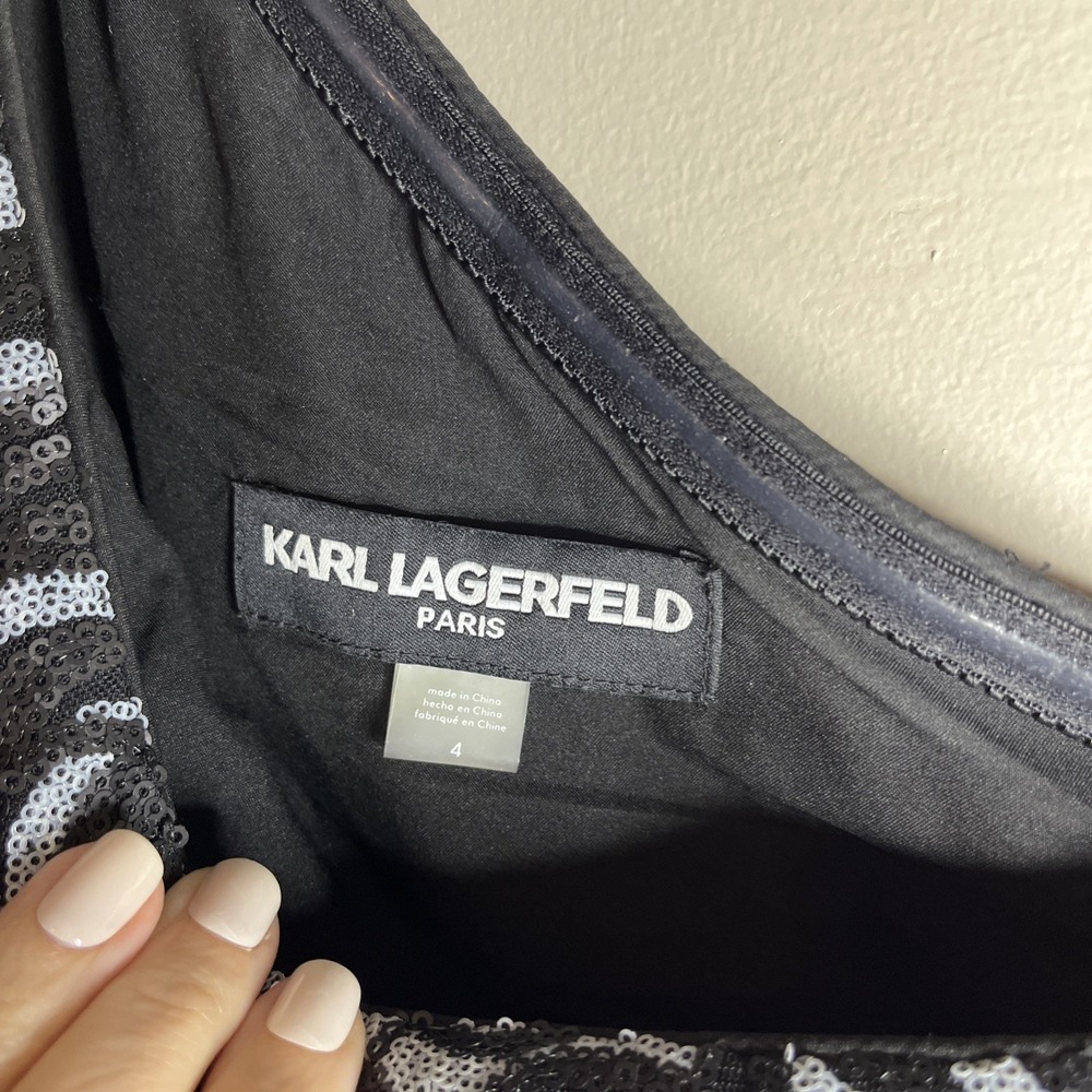 KARL LAGERFELD One-Shoulder Gown Long Dress Size 4‎ Side Slit Sequin Floral Gala - Picture 8 of 10